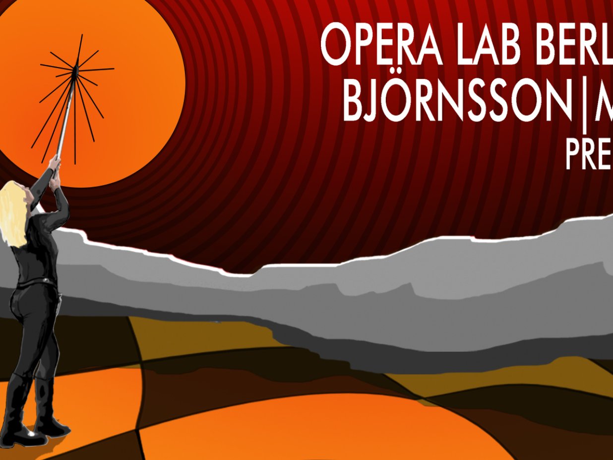 person is standing on the left of the picture on a wavy, checkered background and holding up an antenna. Electromagnetic waves propagate from the tip of the antenna in concentric circles.