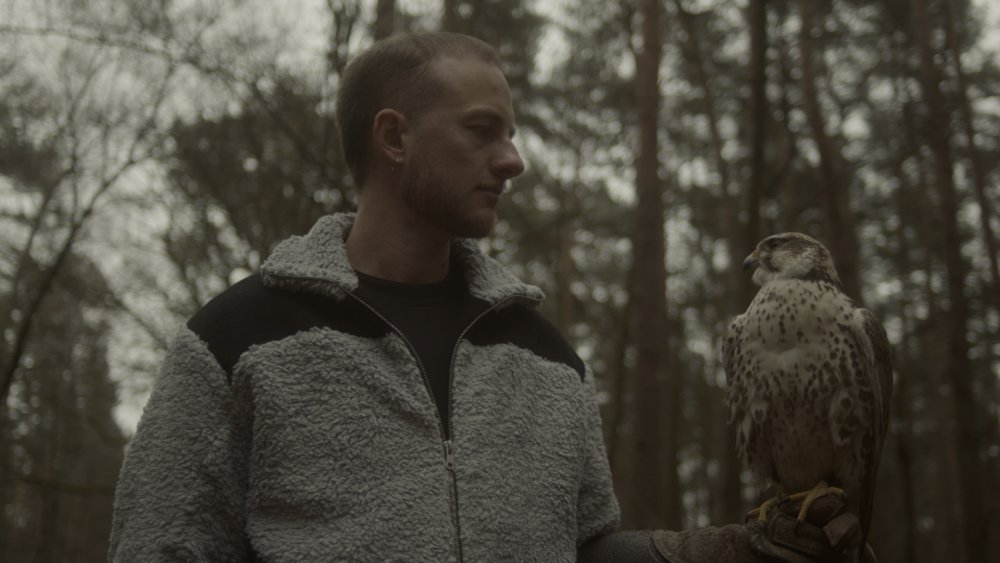 junger Mann im Wald mit Falken auf der linken Hand, sie scheinen sich anzuschauen | © Diara Sow